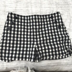 Loft, high waisted linen gingham shorts with button details
